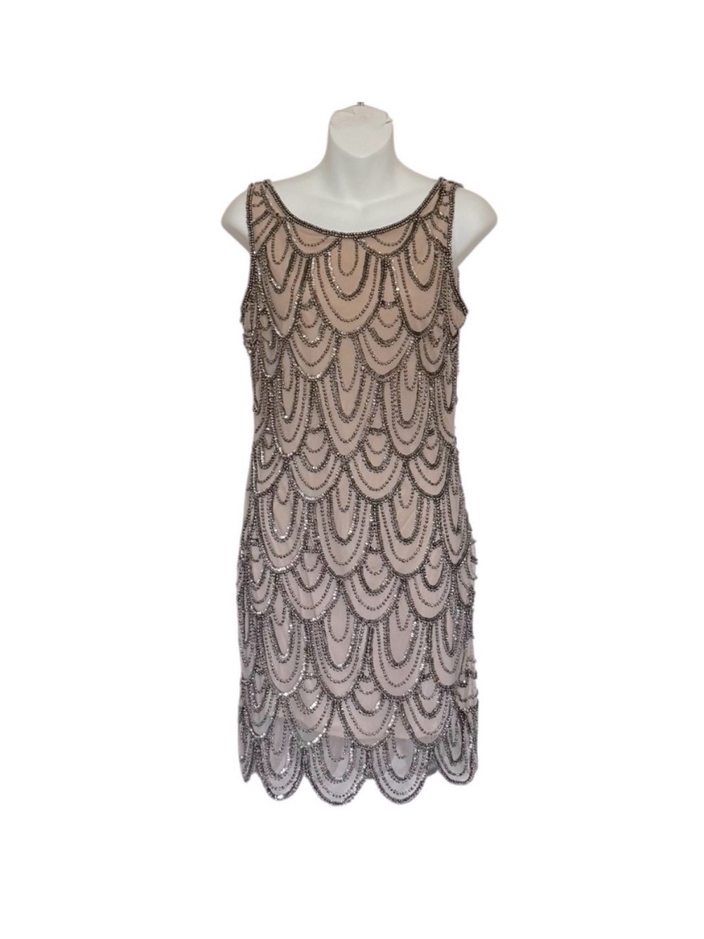 Pisarro Nights Champagne Beaded Scallop  Dress